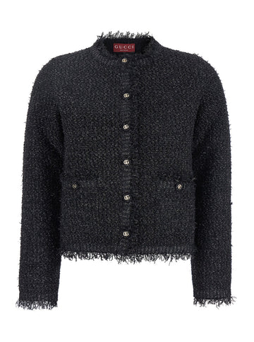 Gucci Women Black Crewneck Jacket With Double G Logo Buttons In Tech Fabric Woman