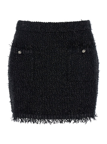Gucci Women Black Skirt With Gg Buttons And Fringed Hem In Tech Fabric Woman