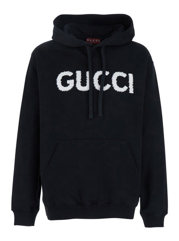Gucci Men Black Hoodie With Embroidered Logo On The Front In Cotton Man