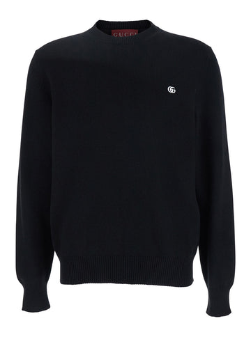 Gucci Men Black Crewneck Sweater With Gg Logo Embroidered On The Front In Wool And Cashmere Blend Man