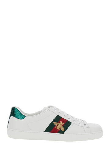 Gucci Men 'Ace' White Sneakers With Bee Embroidery And Web Detail In Leather Man