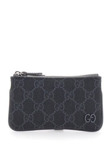 Gucci Men Black Card Holder With Zip Closure And Logo Detail On The Front In Gg Canvas Man