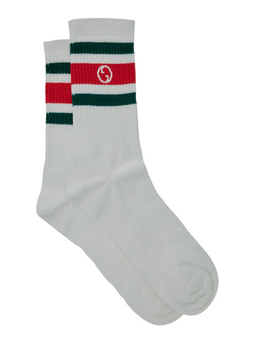 Gucci Men White Socks With Web Detail And Round Interlocking G In Jersey Man