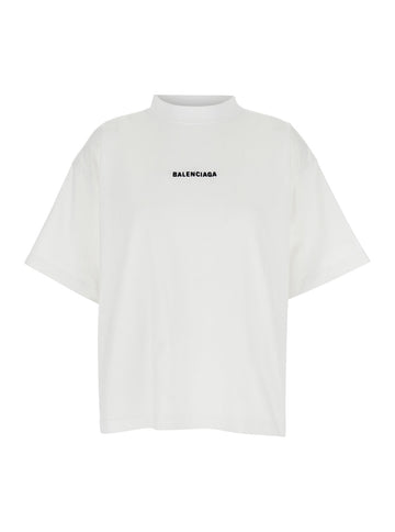 Balenciaga Women White Crewneck T-Shirt With Logo Lettering Embroidery On Front And Rear In Cotton Woman