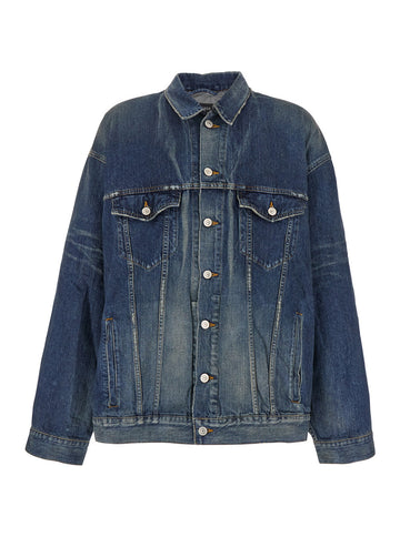 Balenciaga Men Blue Jacket With Classic Collar And Maxi Logo Print On The Rear In Denim Man
