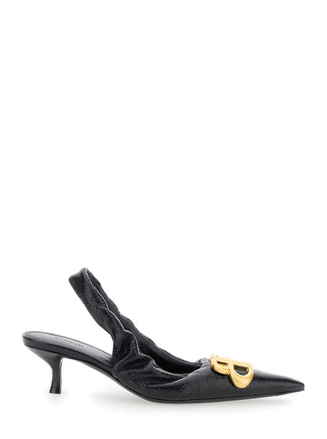 Balenciaga Women 'Monaco' Black Slingback Pumps With Logo Plaque On The Front And Low Stiletto Heel In Leather Woman