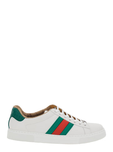 Gucci Men 'Ace' White Sneaker With Web Detail On The Side And Tag On The Front In Leather Man