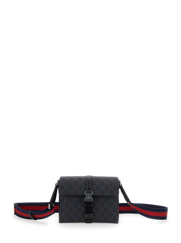 Gucci Men Black Crossbody Bag With Metal Hook Closure And Shoulder Strap With Web Motif In Gg Canvas Man