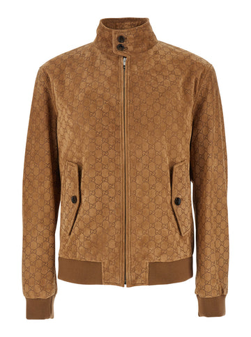 Gucci Men Brown Jacket With All-Over Embossed Gg Motif And Collar With Buttons In Suede Man