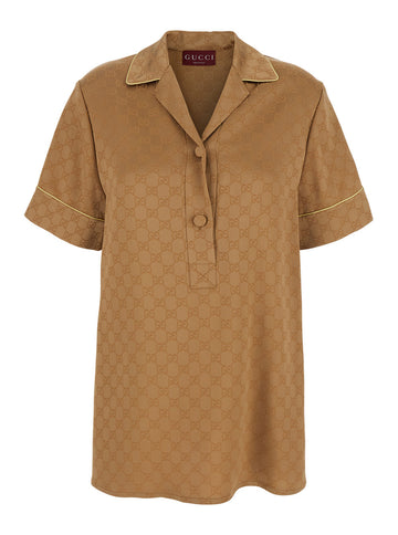 Gucci Women Beige Shirt With All-Over Gg Motif In Satin Woman