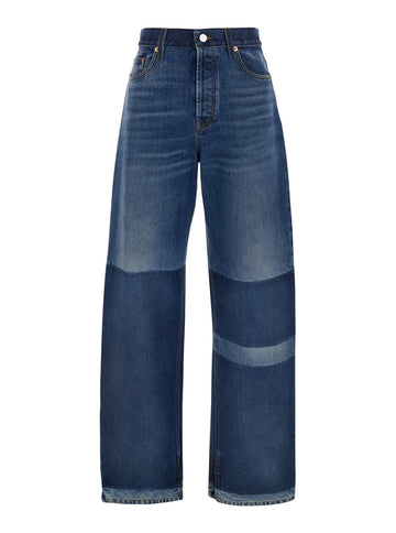 Gucci Women Blue Five Pocket Jeans With Lightened Effect And Logo Patch On The Back In Denim Woman