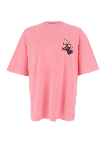 Gucci Men Pink Crewneck T-Shirt With Surf Print And Logo On The Front In Cotton Man