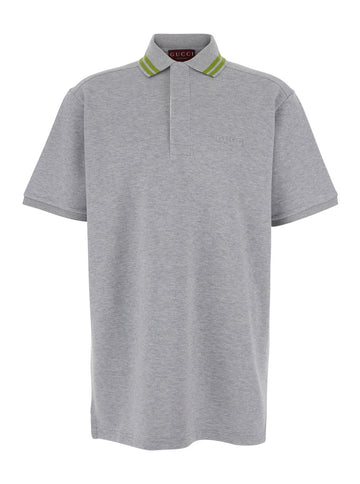 Gucci Men Grey Polo Shirt With Striped Collar And Tone-On-Tone Embroidered Logo On The Front In Cotton Man