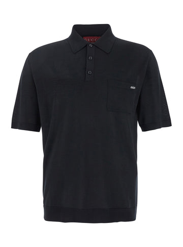 Gucci Men Black Polo Shirt With Chest Pocket And Embroidered Logo On The Front In Fine Silk Knit Man