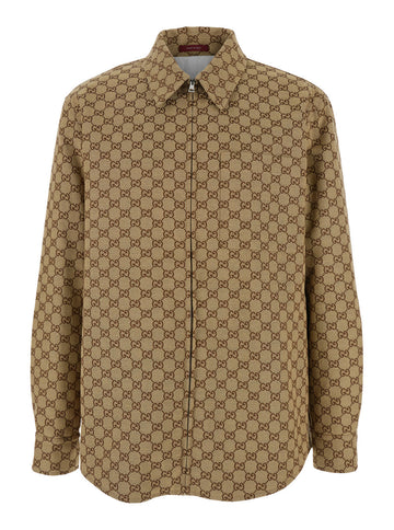 Gucci Men Beige Jacket With Classic Collar And Front Zip Closure In Gg Canvas Man