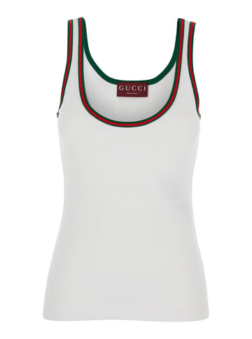 Gucci Women White Ribbed Top With Web Detail On The Edges In Cotton Woman