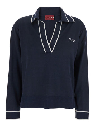 Gucci Women Blue Polo Shirt With V Neck And Logo Lettering On The Front In Silk And Cotton Woman
