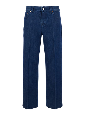 Gucci Women Blue Jeans With Front Pences And Logo Patch On The Rear In Denim Woman