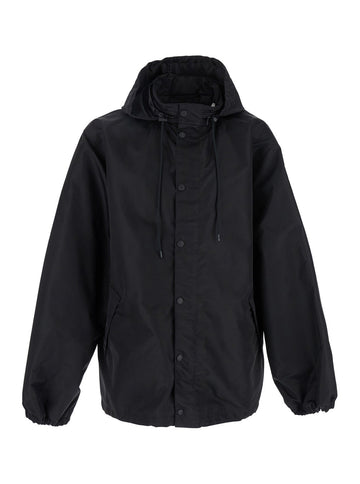 Balenciaga Men Black Jacket With Drawstring Hood And Maxi Logo Lettering Print On The Rear In Tech Fabric Man