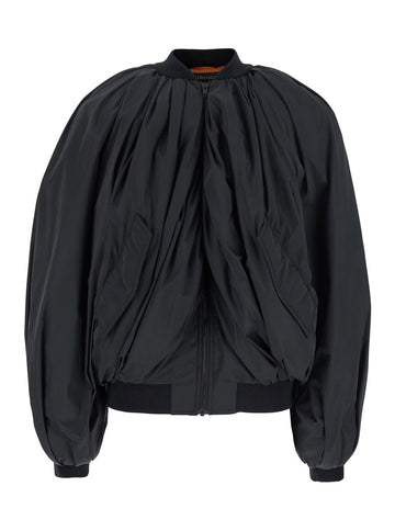 Balenciaga Women Black Bomber Draped Jacket With Elastic Rear Hem In Tech Fabric Woman