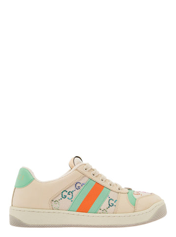Gucci Women Beige Low-Top Sneakers With Web And Multicolour Gg Crystals In Wool Blend Woman