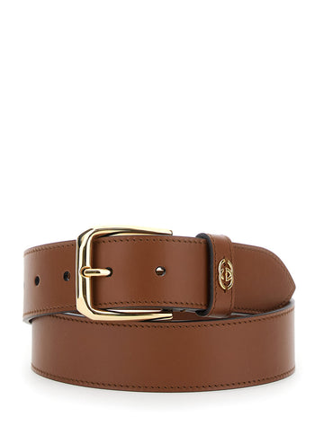 Gucci Men Brown Belt With Adjustable Buckle Cosure And Double G Logo Plaque On The Loop In Leather Man