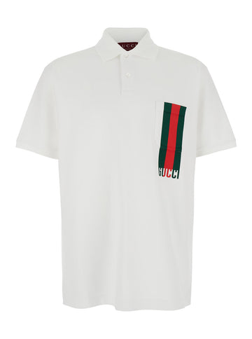 Gucci Men White Polo Shirt With Classic Collar And Logo Lettering Print With Web Detail On The Front In Cotton Man
