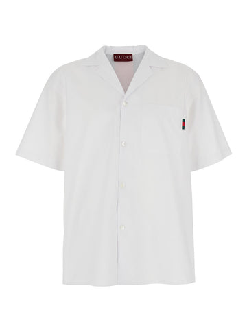 Gucci Men White Bowling Shirt With Web Detail On The Front And Maxi Web Print With Logo Lettering On The Rear In Cotton Man