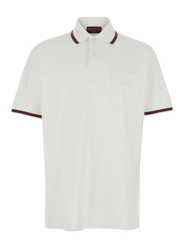 Gucci Men White Polo Shirt With Web Detail And Logo Lettering On The Front In Cotton Stretch Man