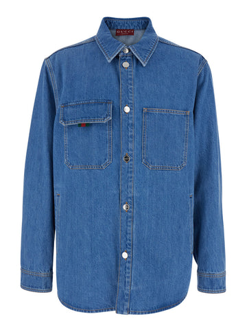 Gucci Men Blue Shirt With Classic Collar And Web Detail On The Front In Denim Man