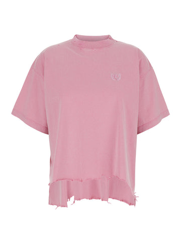 Balenciaga Women Pink T-Shirt With Round Neck Logo On The Front And Back And Distressed Details In Cotton Woman
