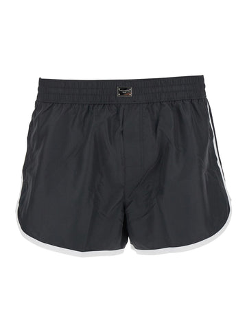 Dolce & Gabbana Men Black Swimsuit With Logo Plate On The Front In Tech Fabric Man