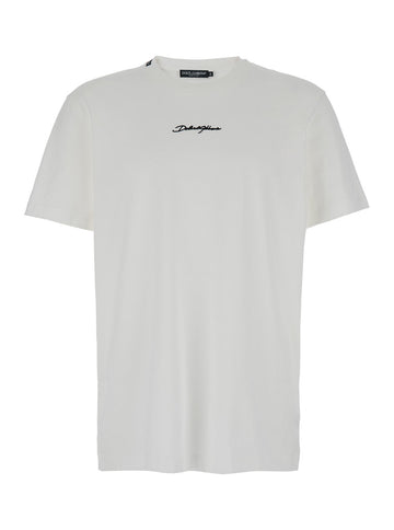 Dolce & Gabbana Men White Crewneck T-Shirt With Signature Logo In Cotton Man