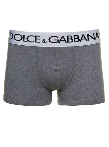 Dolce & Gabbana Men Grey Boxer Briefs With Branded Waistband In Stretch Cotton Man