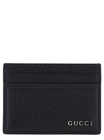 Gucci Men Black Card-Holder With Logo Detail In Hammered Leather Man