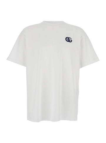 Gucci Men White Crewneck T-Shirt With Double G Logo Embroidery On The Front In Cotton Man
