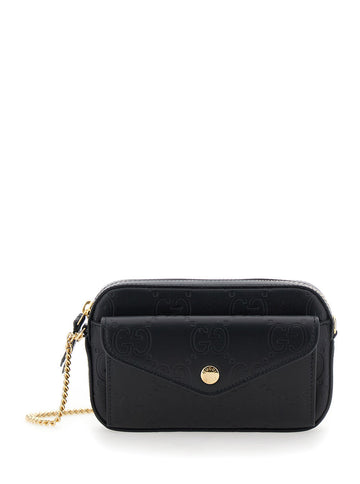 Gucci Women Black Shoulder Bag With Chain-Link Removable Shoulder Strap And All-Over Gg Motif In Leather Woman