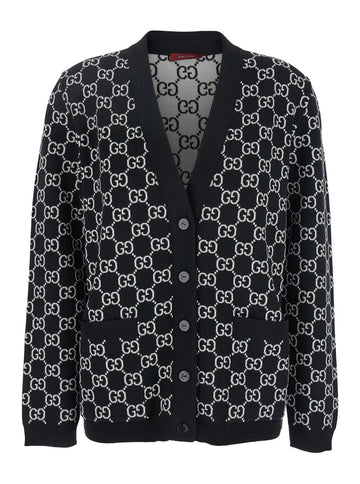 Gucci Women Black Reversible Cardigan With V Neck In Gg Canvas Woman