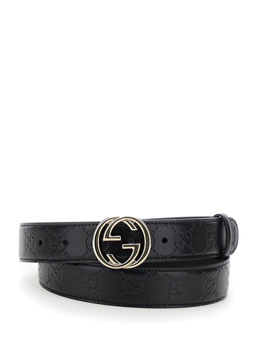 Gucci Women Black Belt With All-Over Gg Motif And Gg Incrocio Buckle In Leather Woman