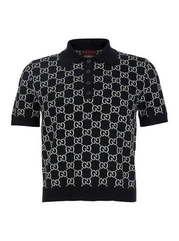 Gucci Women Black Polo Shirt With Ribbed Trims In Gg Canvas Woman