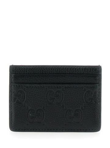 Gucci Women Black Card Holder With All-Over Gg Logo In Hammered Leather Woman