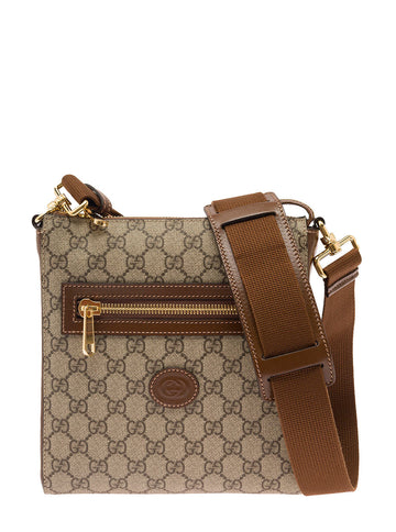Gucci Men Beige And Ebony Crossbody Bag With Oval Interlocking G Patch In Gg Supreme Canvas Man