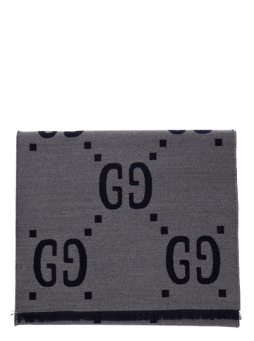 Gucci Men Grey Scarf With Jacquard Gg Motif In Wool And Silk Man