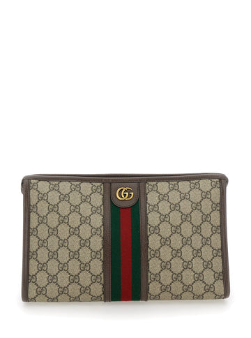 Gucci Men 'Ophidia Gg' Beige And Ebony Pouch With Web Detail In Gg Supreme Canvas Man