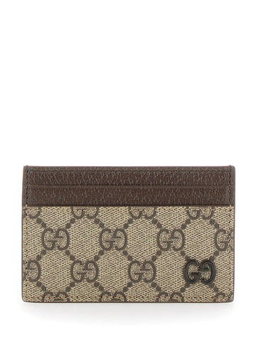 Gucci Men Beige Card Holder With Leather Finishes And All-Over Gg Motif In Fabric Man