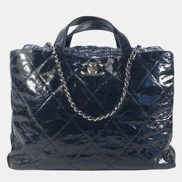 Blue Quilted Glazed Calfskin and Tweed Portobello Top Handle Bags