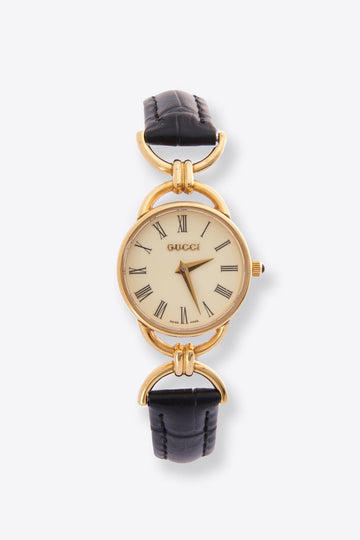 Vintage Gucci Round Gold Plated Watch with Black Croc Leather Strap