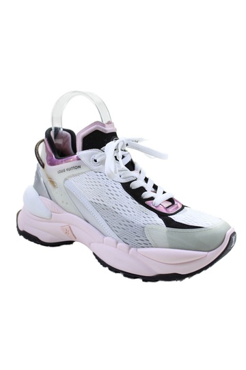 Louis Vuitton Womens Lace Up Knit Run 55 Trainers Sneakers White Pink