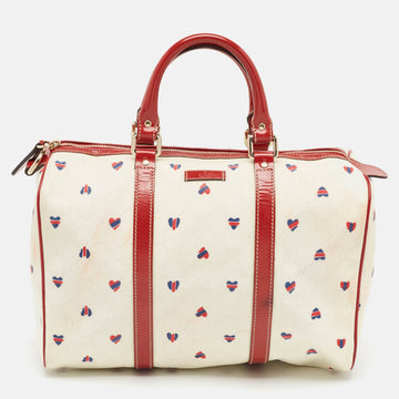 Red/White Heart Print GG Canvas and Leather Joy Boston Bag