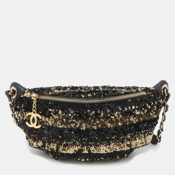Black/Gold Sequins Leather Cruise Line MatelaESe Chain Shoulder Bag